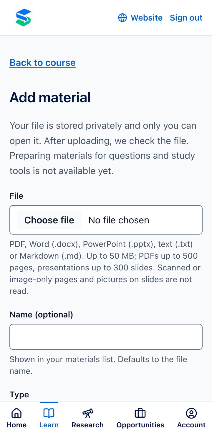 The Add material page, with the file picker