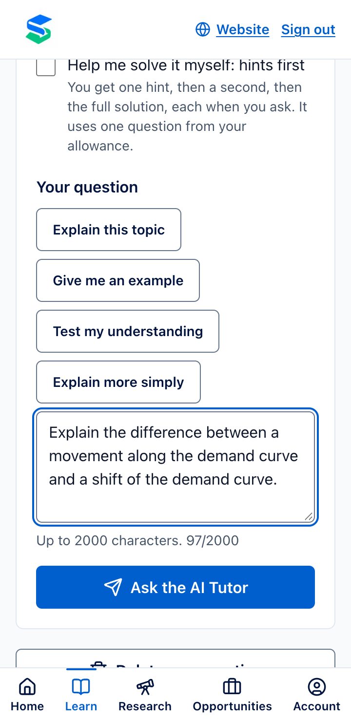 The question box, with a question about the demand curve