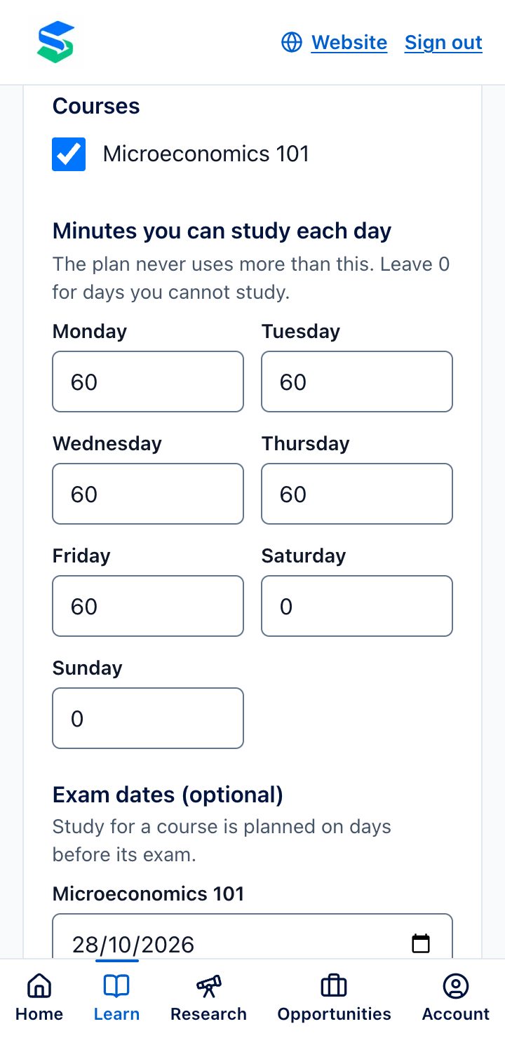 The New plan page, with minutes to study on each day