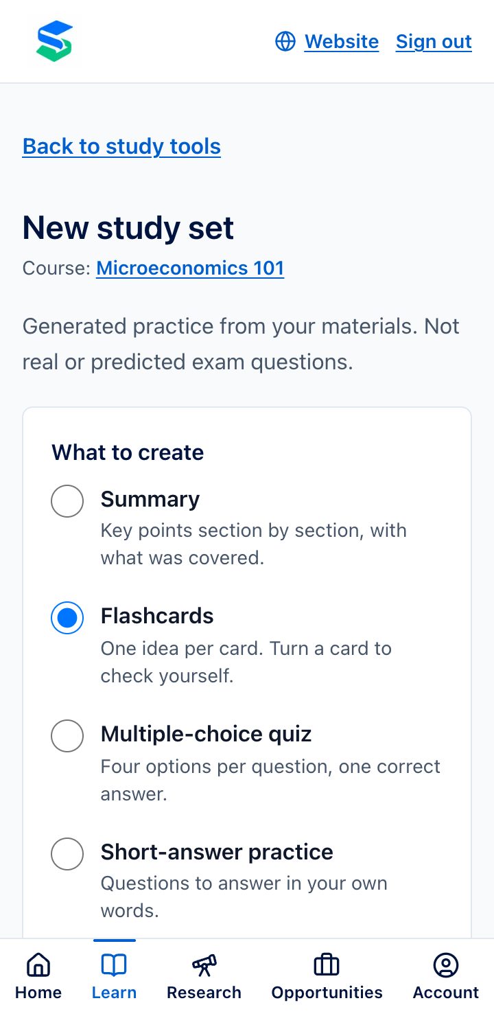 The New study set page, with Flashcards chosen